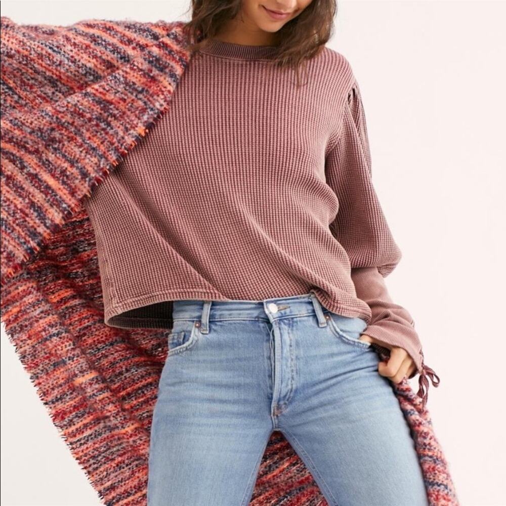 FREE PEOPLE Waffle Thermal Crew Medieval Lace Up Sleeves Pleated Shoulder XS - Picture 7 of 11